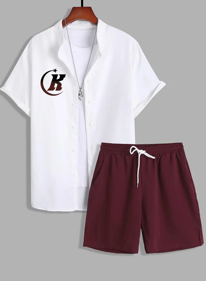 تايك تو طقم قميص مطبوع بشعار وتفاصيل جيوب وشورت